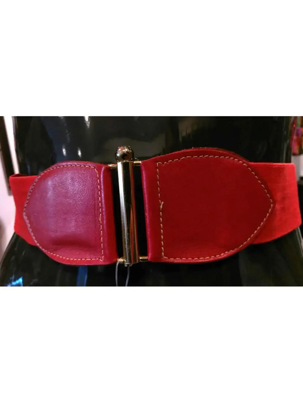 Vintage 1980s Red Belt High Waist Cinch Rouge Leather Rojo Elastic Cinturon Med